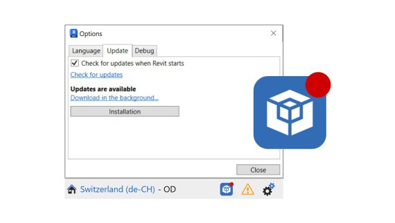 When an update is available, the user will be notified by an Icon at the bottom of the Geberit BIM Plug-in.