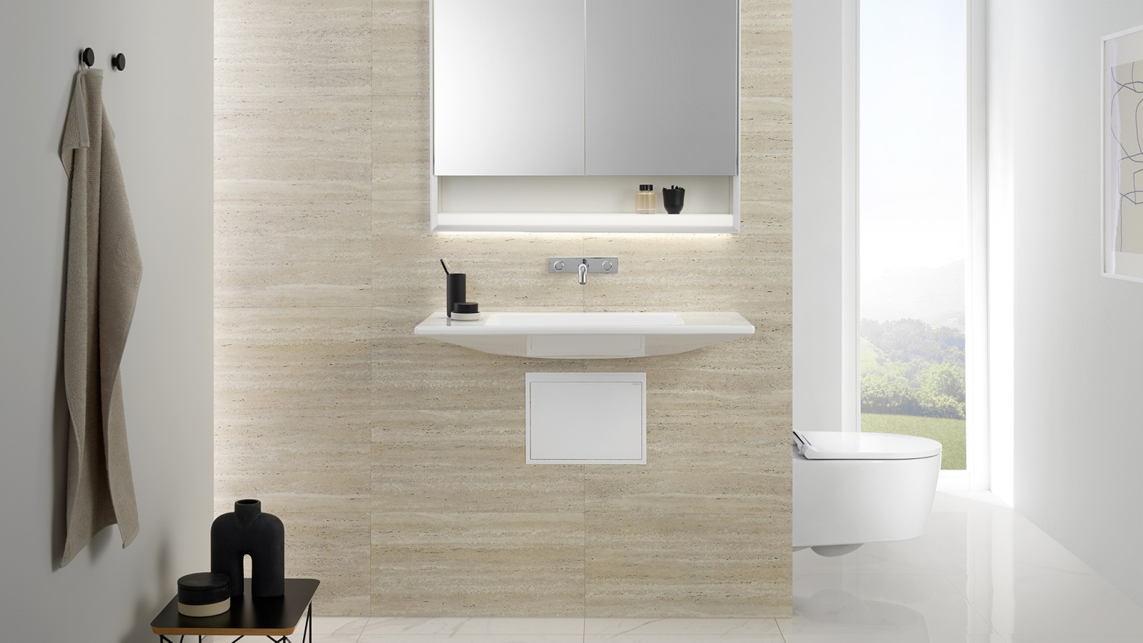 Moins d’attrape-poussières grâce au siphon à encastrer du lavabo Geberit ONE (© Geberit) Moins d’attrape-poussières grâce au siphon à encastrer du lavabo Geberit ONE (© Geberit)