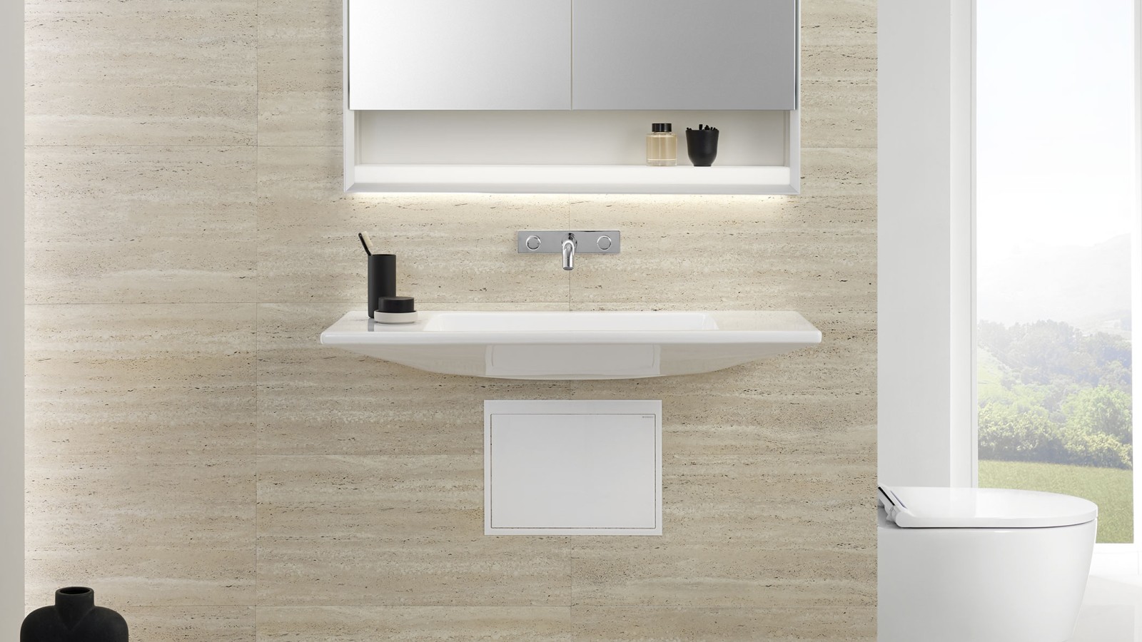 Geberit ONE washbasin with a concealed trap allowing access underneath Geberit ONE washbasin with a concealed trap allowing access underneath