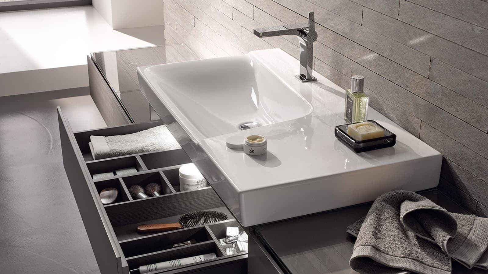 Washbasin with washbasin cabinet opened Washbasin with washbasin cabinet opened